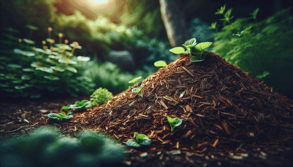 A small plant growing from a mound of soil and organic material in a forest.