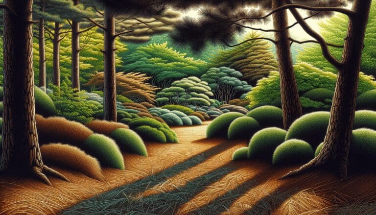 A serene forest path with lush greenery and dramatic shadows.