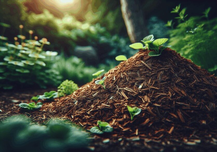 A small plant growing from a mound of soil and organic material in a forest.