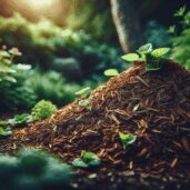A small plant growing from a mound of soil and organic material in a forest.