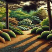 A serene forest path with lush greenery and dramatic shadows.