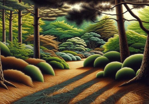 A serene forest path with lush greenery and dramatic shadows.